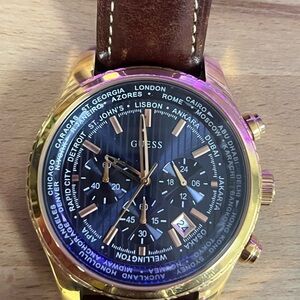 Guess Men's Brown Leather Strap Watch